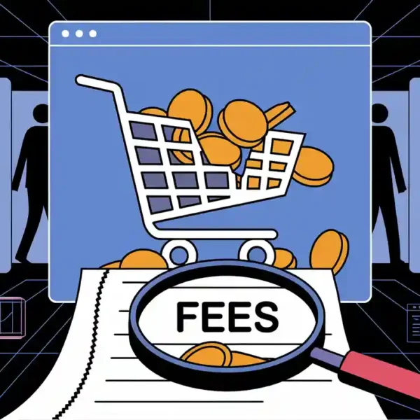 Illustration of a magnifying glass over the word "FEES" on a receipt, with a shopping cart filled with coins and stylized human figures in the background.
