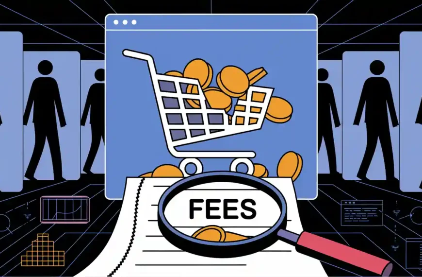 Illustration of a magnifying glass over the word "FEES" on a receipt, with a shopping cart filled with coins and stylized human figures in the background.