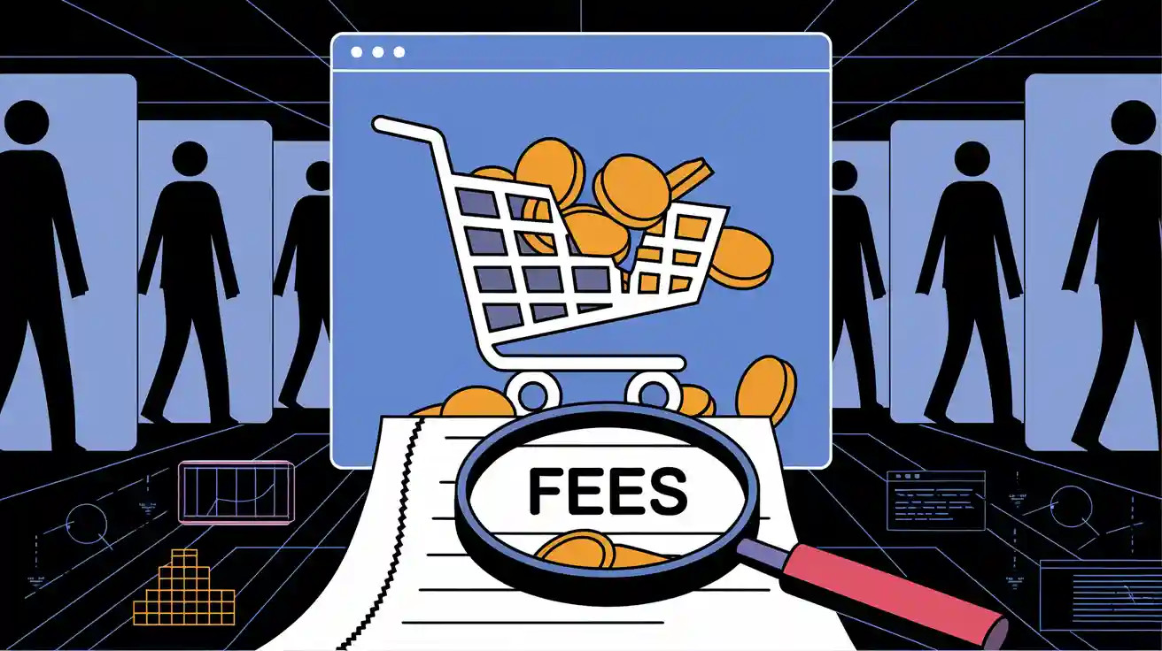 Illustration of a magnifying glass over the word "FEES" on a receipt, with a shopping cart filled with coins and stylized human figures in the background.