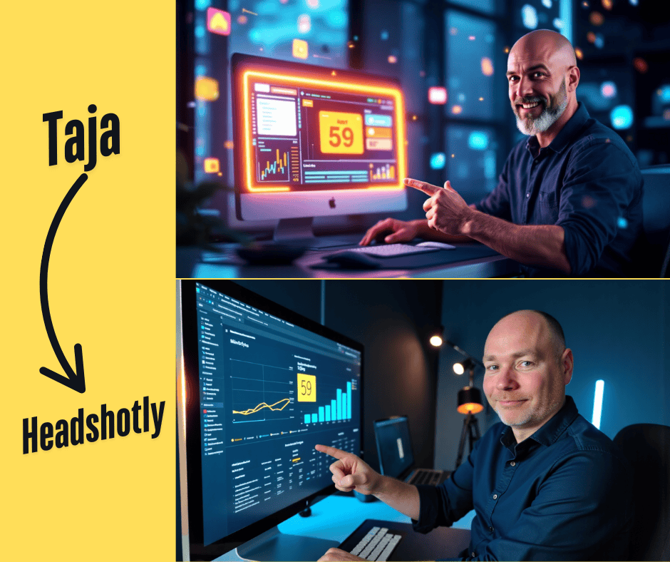 Two men sit at desks pointing to computer screens with data dashboards; the top image is labeled "Taja," the bottom "Headshotly," with an arrow connecting the two labels.