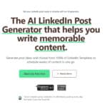 Screenshot of a website homepage promoting an AI LinkedIn Post Generator, with options to start a free trial or watch a demo, and user ratings displayed.