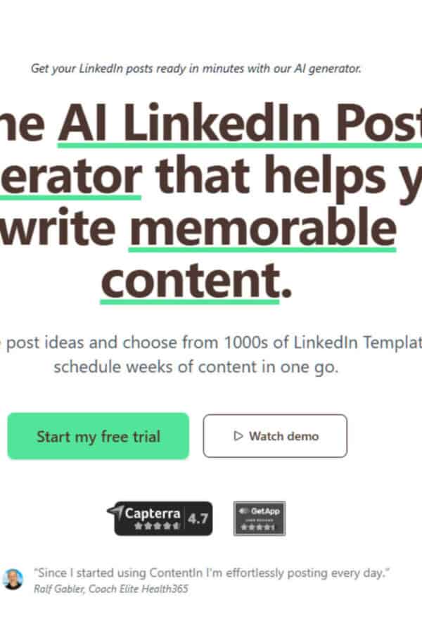 Screenshot of a website homepage promoting an AI LinkedIn Post Generator, with options to start a free trial or watch a demo, and user ratings displayed.