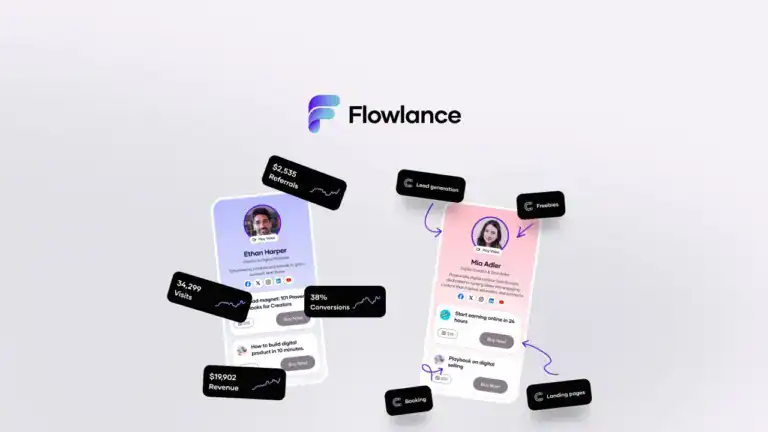 Two smartphone screens display freelancer profiles with metrics like revenue, leads, and conversions, alongside the Flowlance logo on a light background.