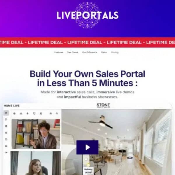 A website page for "LIVEPORTALS" displays a headline about building sales portals quickly, video call interface images, and a purple banner stating "LIFETIME DEAL" at the top.