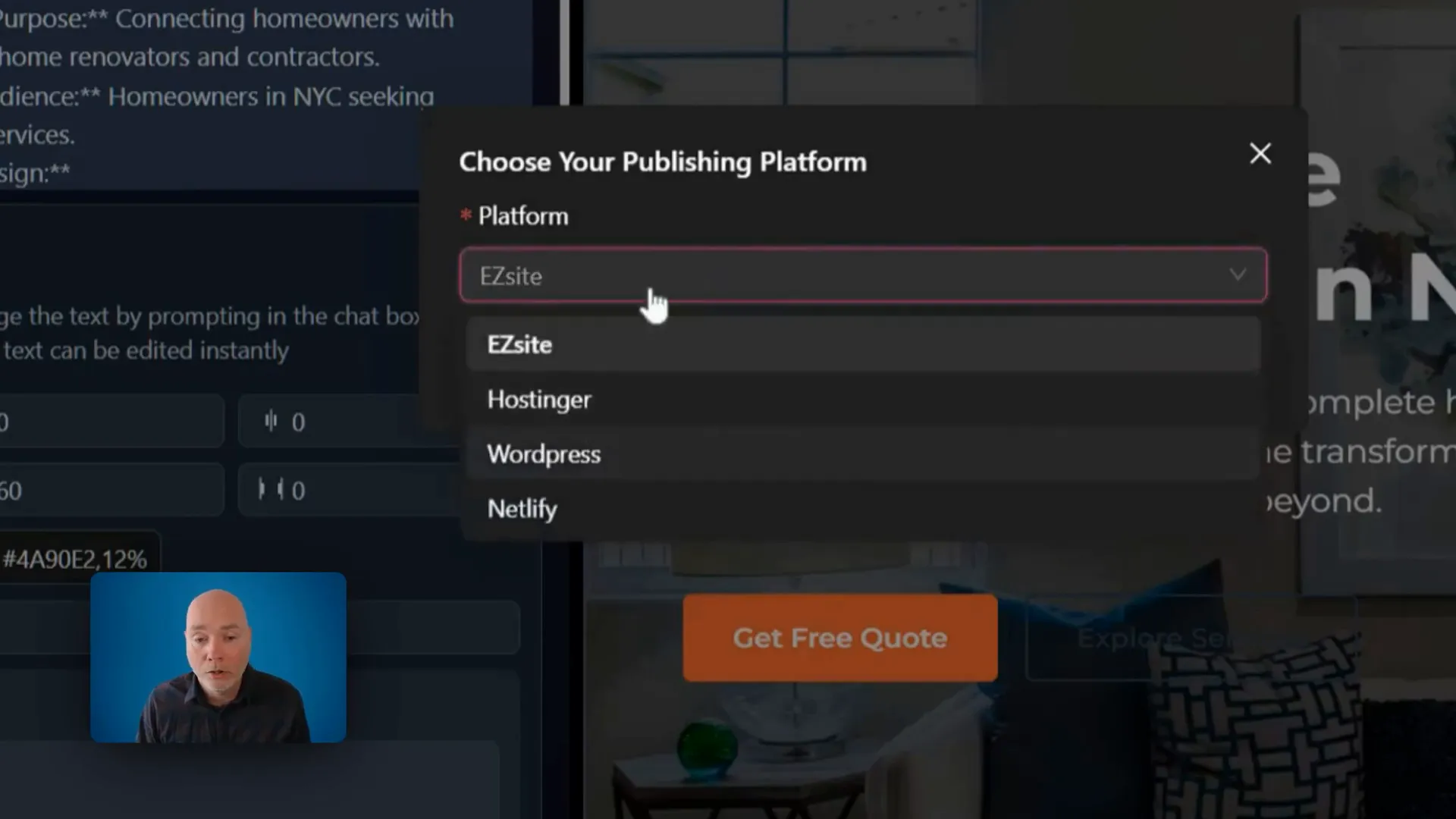 Publishing options showing EasySite hosting, WordPress, Netlify and download options