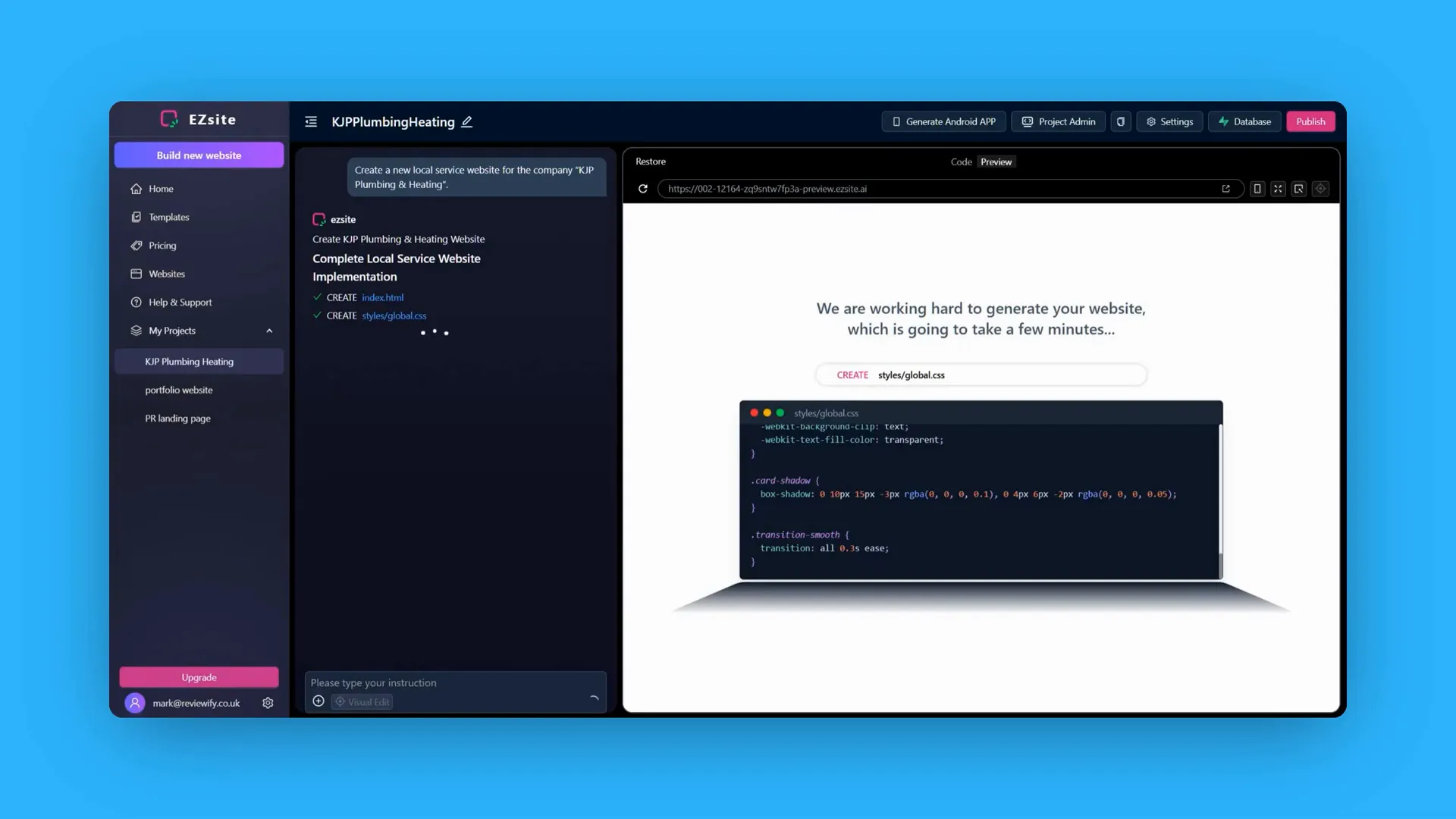 EasySite building a website and showing code generation in progress