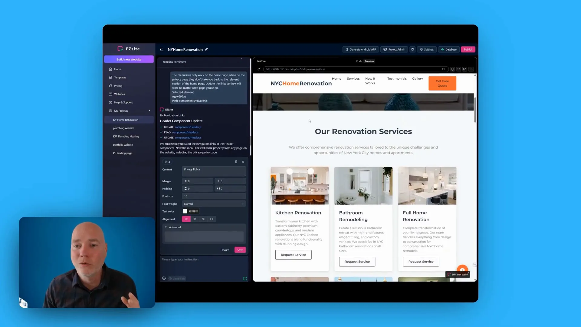 Final screen summarising EasySite features and next steps