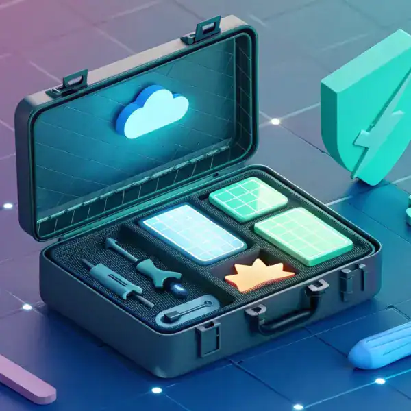 A digital illustration of an open toolkit case with cloud, tools, charts, and shield icons, symbolizing digital or cloud computing tools and security on a grid background.