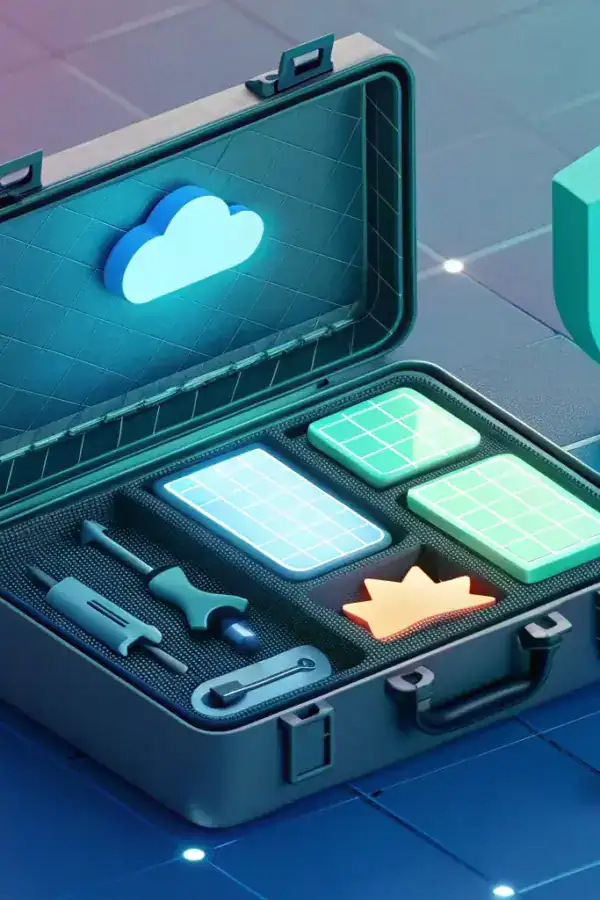 A digital illustration of an open toolkit case with cloud, tools, charts, and shield icons, symbolizing digital or cloud computing tools and security on a grid background.