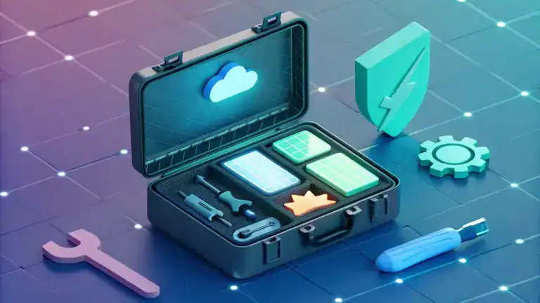 A digital illustration of an open toolkit case with cloud, tools, charts, and shield icons, symbolizing digital or cloud computing tools and security on a grid background.