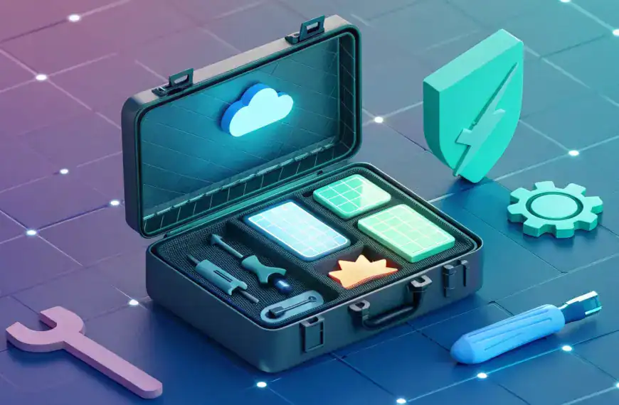 A digital illustration of an open toolkit case with cloud, tools, charts, and shield icons, symbolizing digital or cloud computing tools and security on a grid background.
