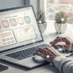 A person works at a laptop displaying data analytics and network graphics, with a smartphone, potted plants, and a coffee cup on the desk nearby.
