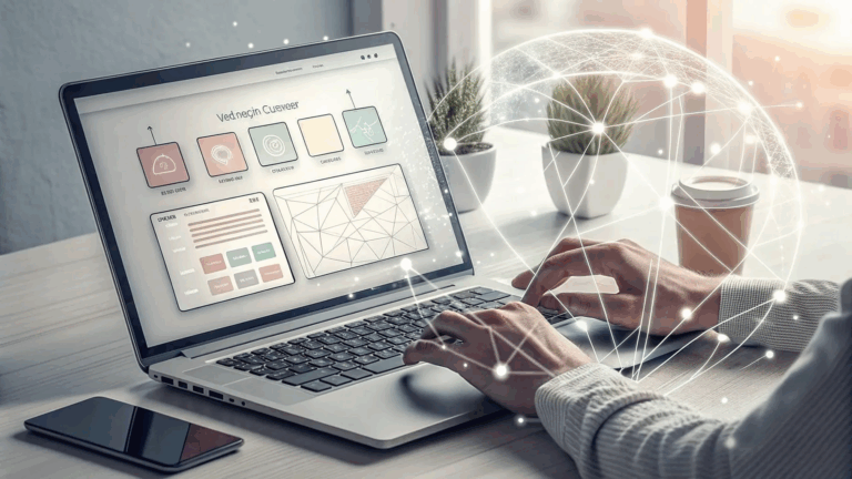A person works at a laptop displaying data analytics and network graphics, with a smartphone, potted plants, and a coffee cup on the desk nearby.
