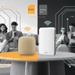 A group of people on a couch using devices is shown beside a table with smart home devices, illustrating a connected smart home network setup.