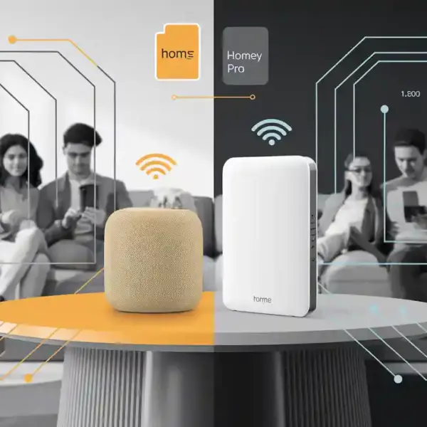 A group of people on a couch using devices is shown beside a table with smart home devices, illustrating a connected smart home network setup.