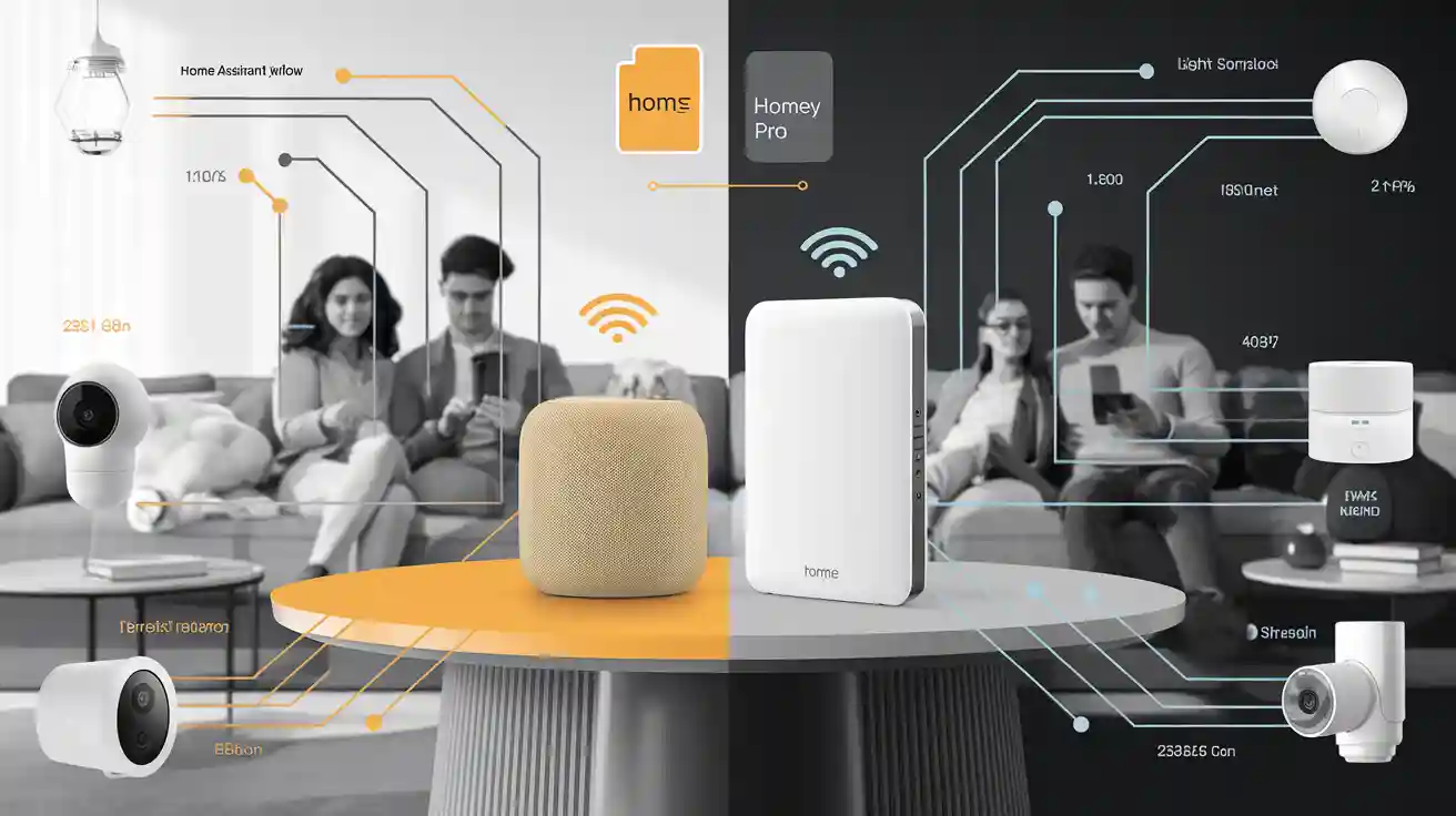 A group of people on a couch using devices is shown beside a table with smart home devices, illustrating a connected smart home network setup.