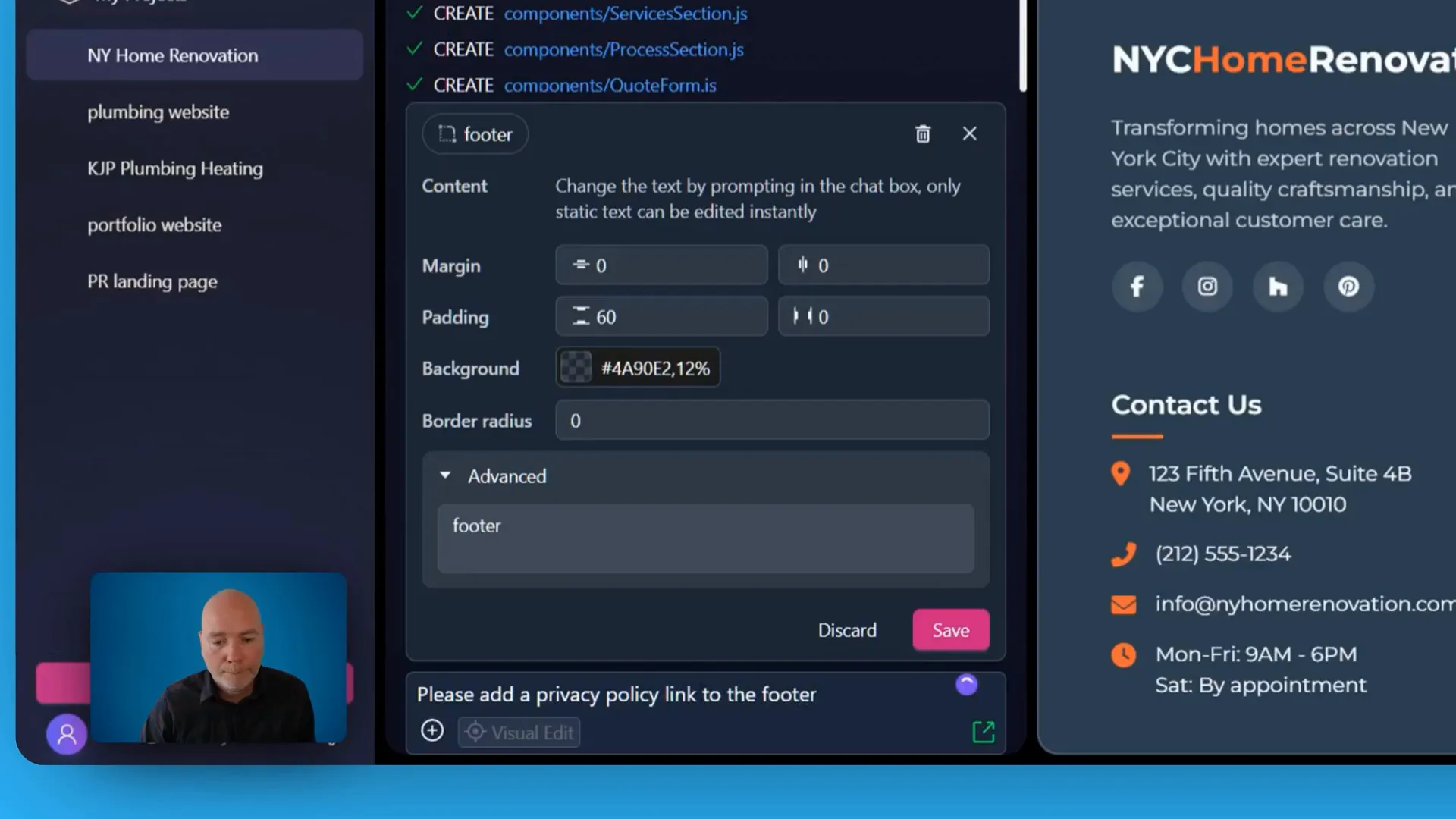 AI instruction panel where I asked to add a privacy policy to the footer