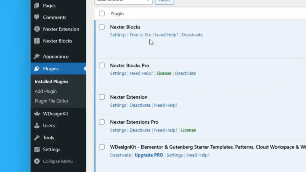 A screenshot of the WordPress plugins page showing a list of installed plugins, including Nexter Blocks, Nexter Blocks Pro, Nexter Extension, and WDDesignKit.