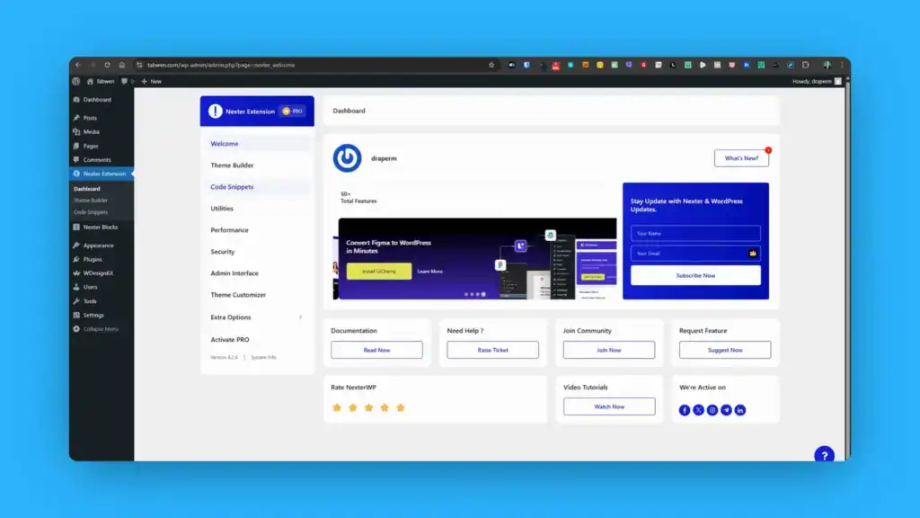 A computer screen displays a web application dashboard with navigation on the left and main content featuring widgets, links, and a user profile section on the right.