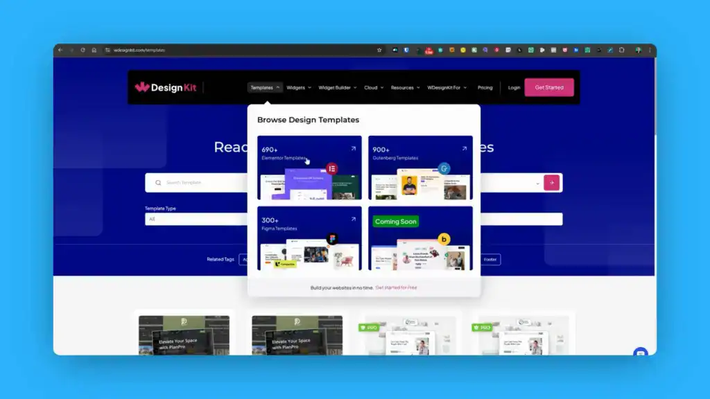 A website displays a pop-up showing categories of design templates, with search and navigation options visible in the background.