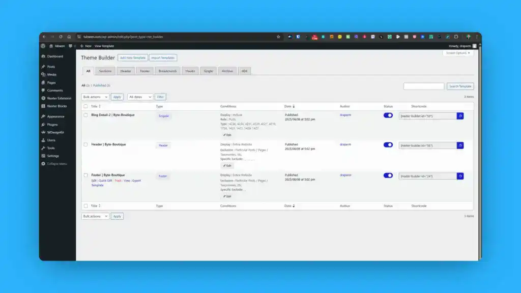 Screenshot of a Theme Builder interface displaying a list of templates with details such as name, conditions, status, author, and publish date, on a blue background.