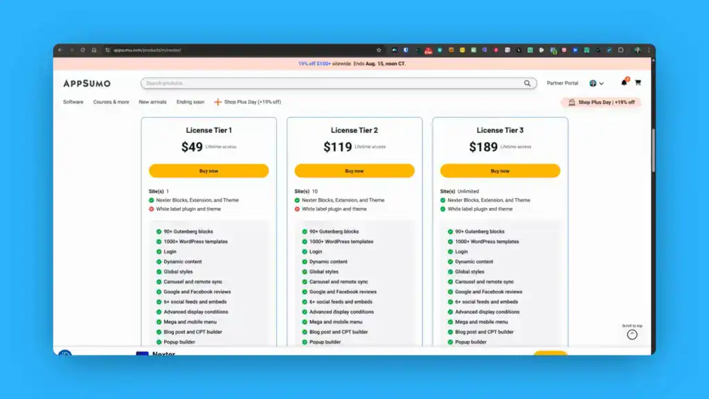 Screenshot of AppSumo pricing page showing three license tiers ($49, $119, $189), each with a list of features and limits for a WordPress theme product.