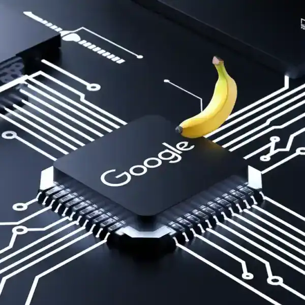 A computer chip labeled "Google" is surrounded by circuit lines, with a banana placed on top of the chip.