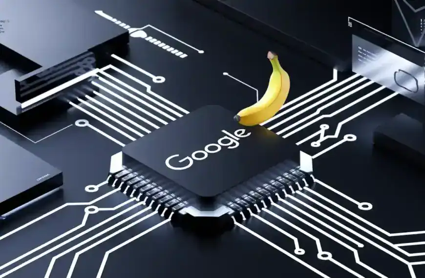 A computer chip labeled "Google" is surrounded by circuit lines, with a banana placed on top of the chip.