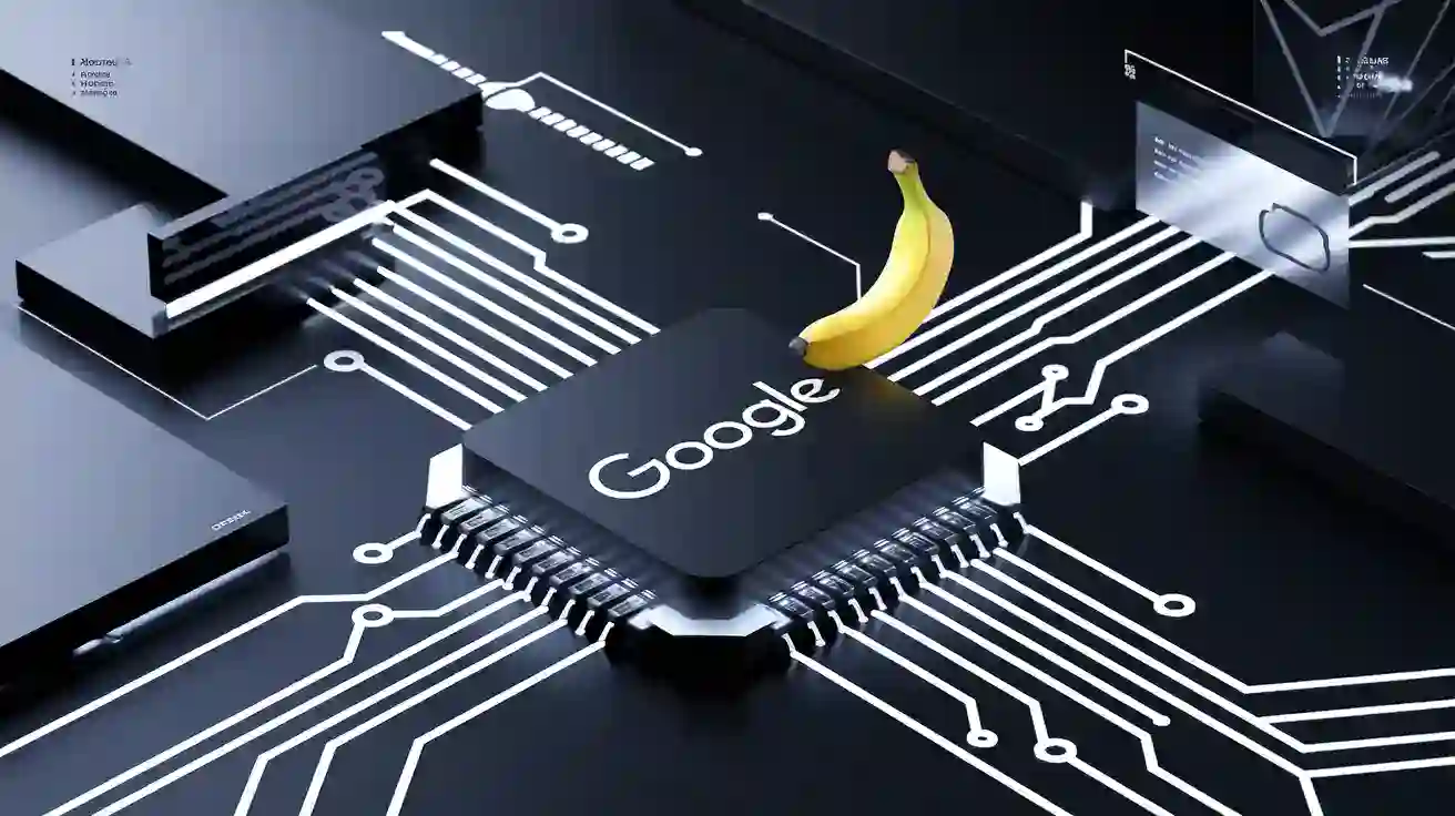A computer chip labeled "Google" is surrounded by circuit lines, with a banana placed on top of the chip.