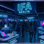 People walk through a technology expo with booths showcasing smart home devices, foldable phones, AR/VR headsets, and ultra-thin TVs under neon IFA Berlin signage.