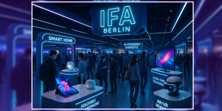 People walk through a technology expo with booths showcasing smart home devices, foldable phones, AR/VR headsets, and ultra-thin TVs under neon IFA Berlin signage.