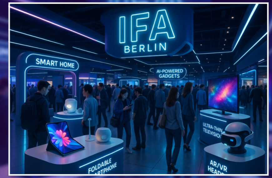 People walk through a technology expo with booths showcasing smart home devices, foldable phones, AR/VR headsets, and ultra-thin TVs under neon IFA Berlin signage.