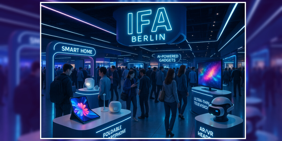 People walk through a technology expo with booths showcasing smart home devices, foldable phones, AR/VR headsets, and ultra-thin TVs under neon IFA Berlin signage.