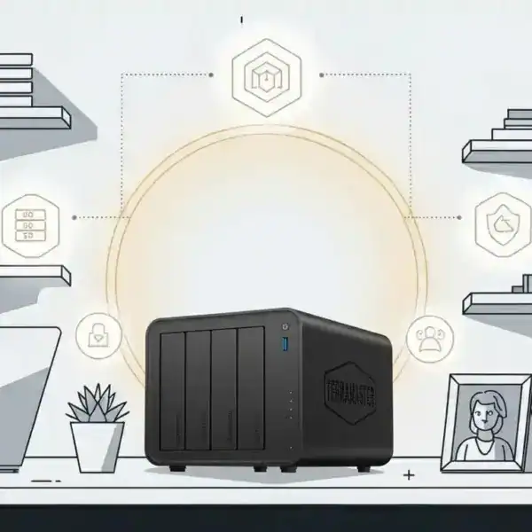 A black network-attached storage device sits on a desk with shelves, books, a laptop, plant, and framed photo, surrounded by digital security and data icons.