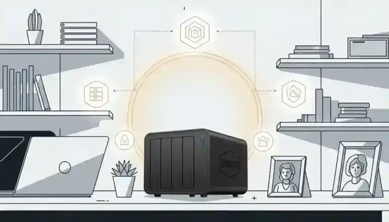 A black network-attached storage device sits on a desk with shelves, books, a laptop, plant, and framed photo, surrounded by digital security and data icons.