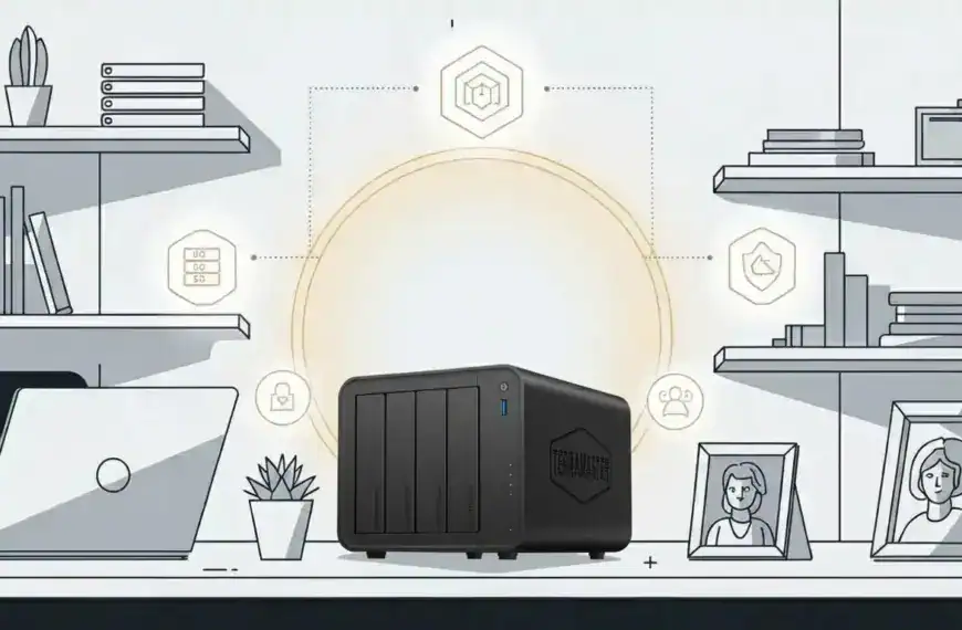 A black network-attached storage device sits on a desk with shelves, books, a laptop, plant, and framed photo, surrounded by digital security and data icons.