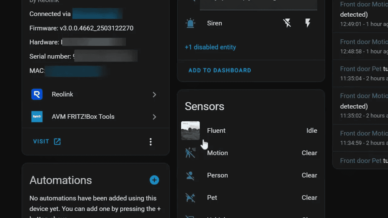 Home Assistant dashboard showing the Reolink doorbell snapshot