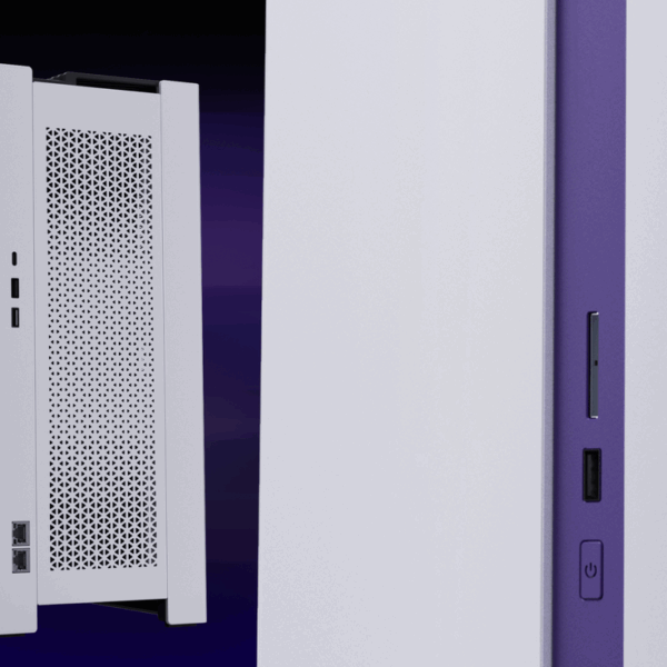 A white desktop computer case with perforated side panels is shown; a close-up reveals USB ports, a power button, and a slim vertical slot on a purple accent strip.