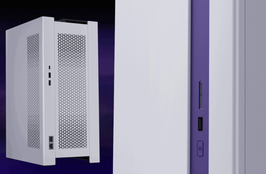 A white desktop computer case with perforated side panels is shown; a close-up reveals USB ports, a power button, and a slim vertical slot on a purple accent strip.