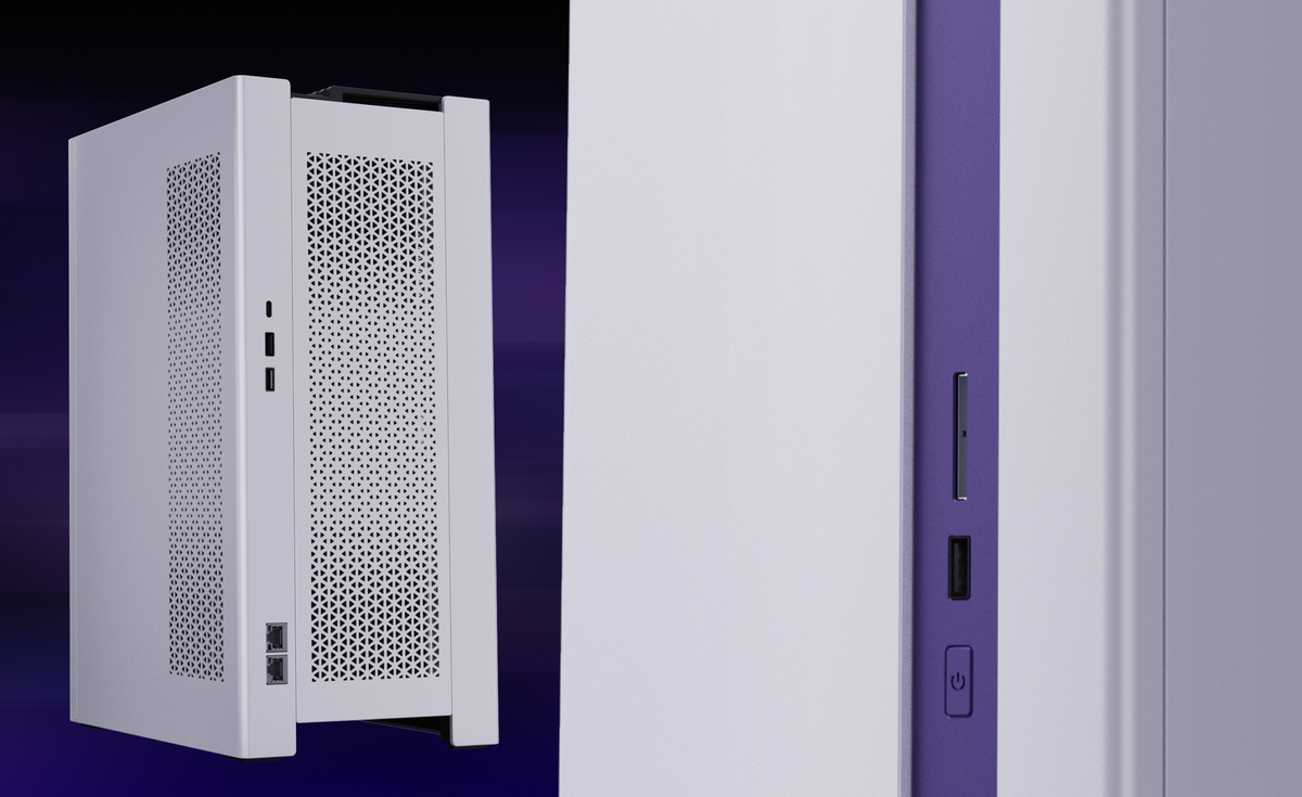 A white desktop computer case with perforated side panels is shown; a close-up reveals USB ports, a power button, and a slim vertical slot on a purple accent strip.