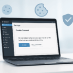 A laptop displays a website dashboard with a cookie consent popup showing "Accept" and "View preferences" buttons. Cookie and shield icons are in the background.