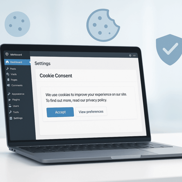 A laptop displays a website dashboard with a cookie consent popup showing "Accept" and "View preferences" buttons. Cookie and shield icons are in the background.
