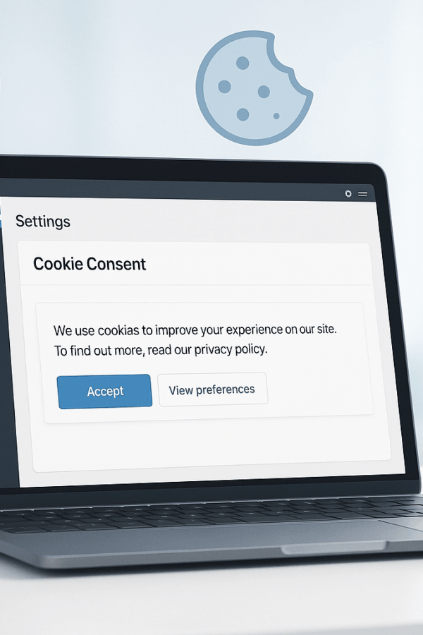 A laptop displays a website dashboard with a cookie consent popup showing "Accept" and "View preferences" buttons. Cookie and shield icons are in the background.