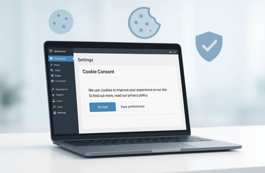 A laptop displays a website dashboard with a cookie consent popup showing "Accept" and "View preferences" buttons. Cookie and shield icons are in the background.