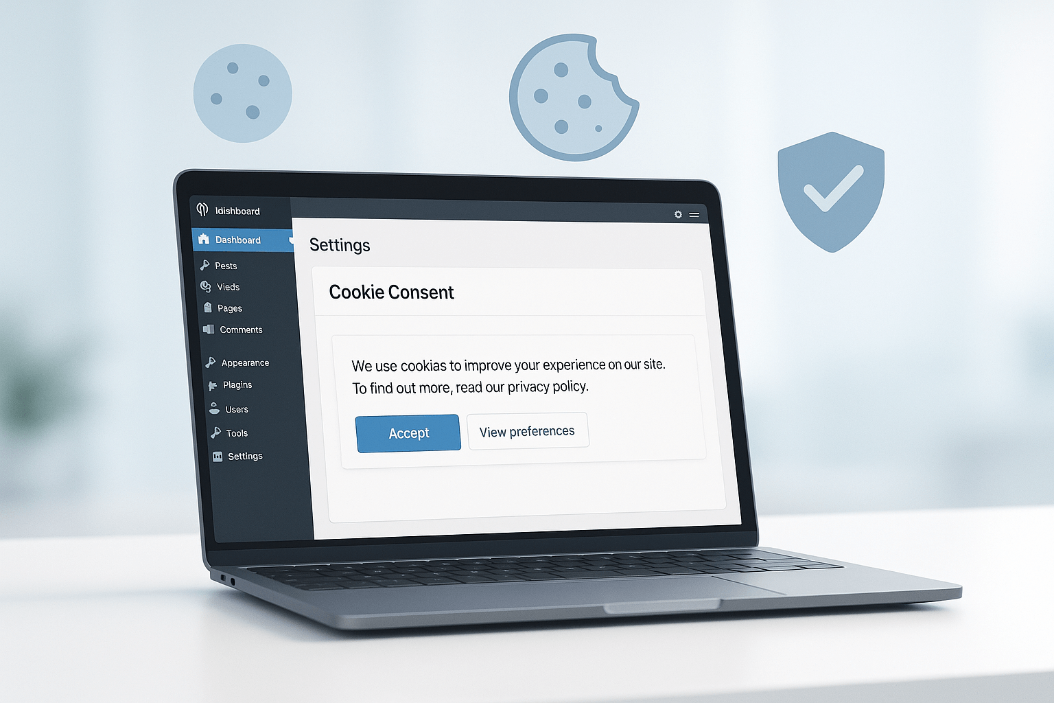 A laptop displays a website dashboard with a cookie consent popup showing "Accept" and "View preferences" buttons. Cookie and shield icons are in the background.
