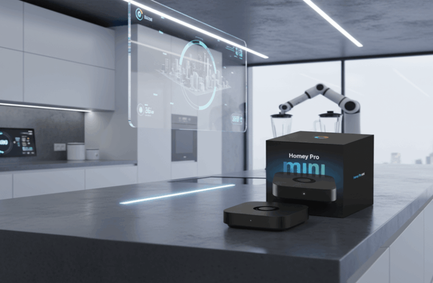 A smart home device and its box labeled "Homey Pro mini" are displayed on a modern kitchen island with digital screens and a robotic arm in the background.
