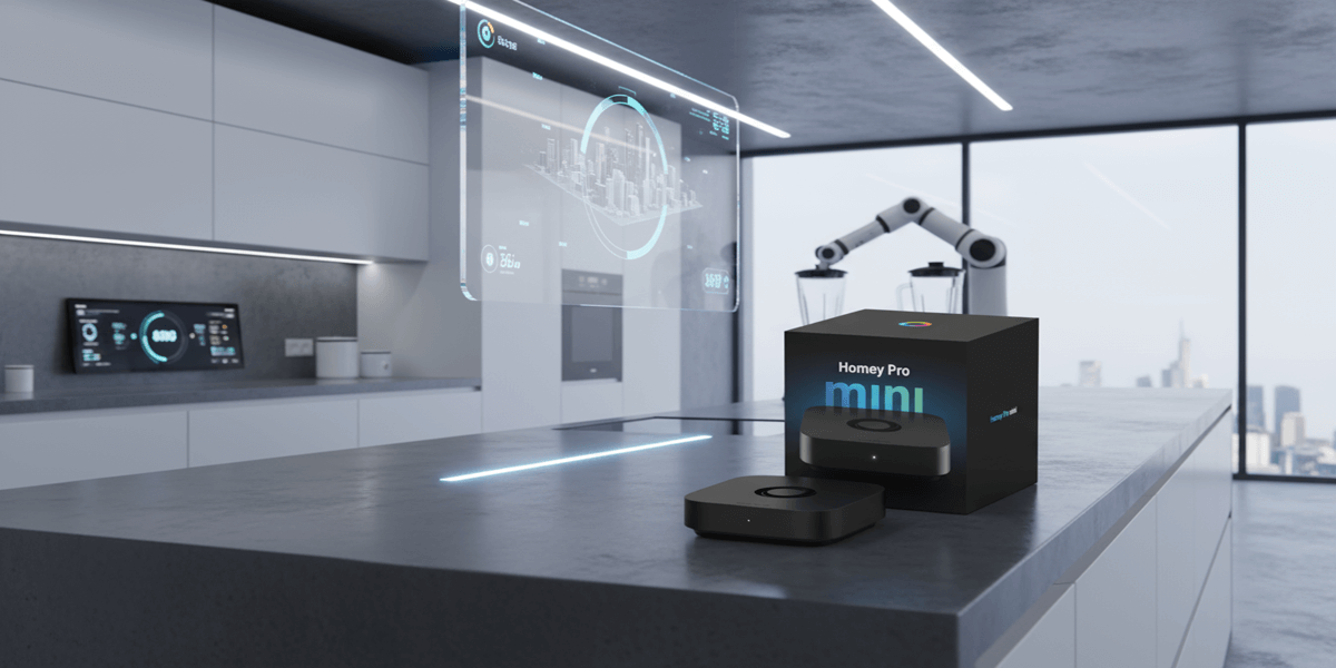 A smart home device and its box labeled "Homey Pro mini" are displayed on a modern kitchen island with digital screens and a robotic arm in the background.