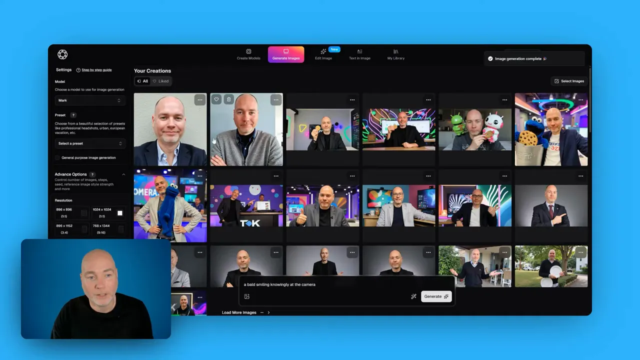 PhotoGPT gallery showing multiple generated thumbnail variations with presets and generation status