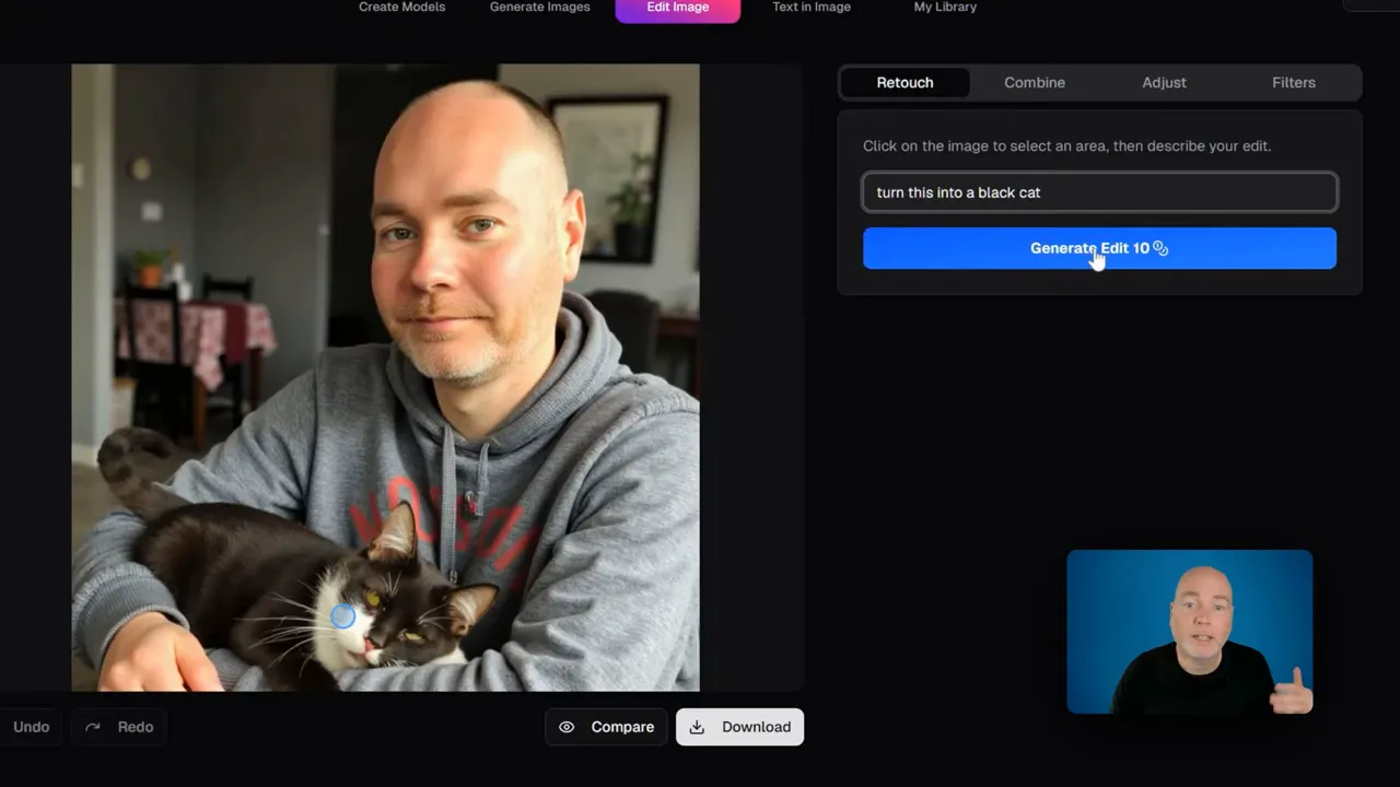 PhotoGPT editor retouch interface showing the creator holding a cat, with the prompt field filled 'turn this into a black cat' and a highlighted Generate Edit button.