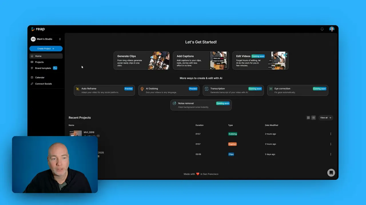 Clear view of the Reap 'Let's Get Started' dashboard with 'Generate Clips', 'Add Captions' and 'Edit Videos' cards and a presenter thumbnail.